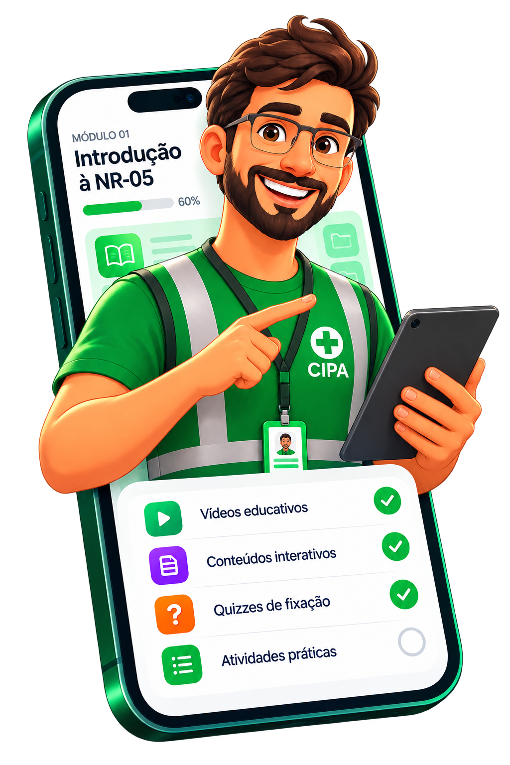 Participante da CIPA explorando vídeos, quizzes e atividades educativas no celular